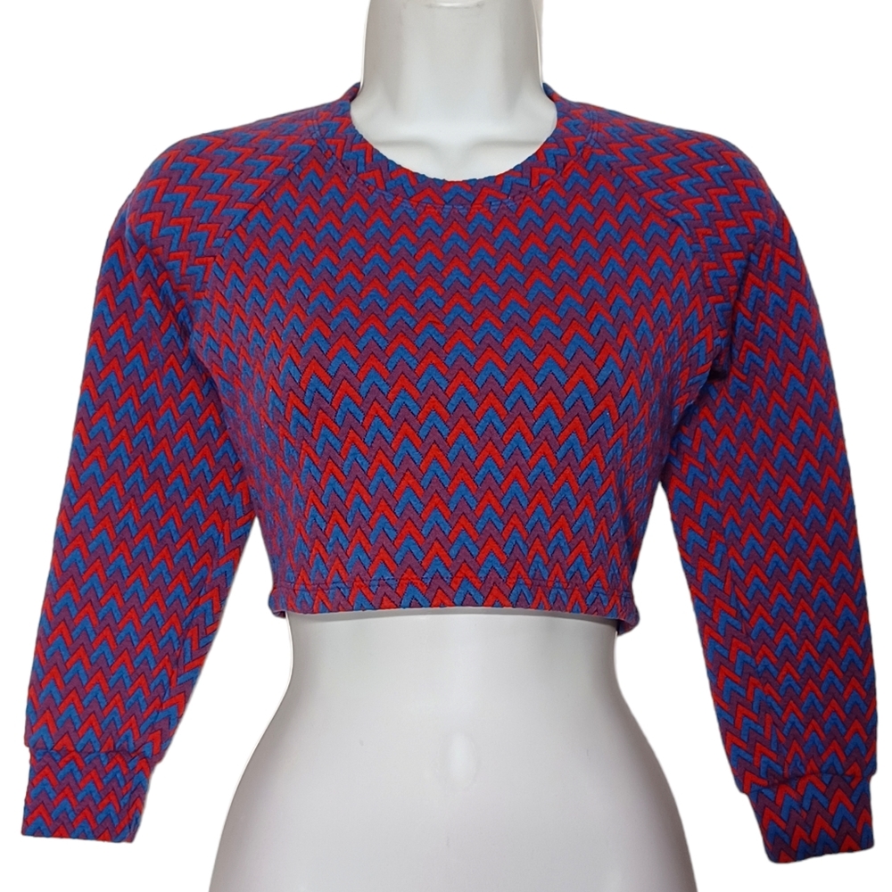 AMERICAN APPAREL Red Blue Purple Chevron Stripe Print Long Sleeve Crop Top XS
